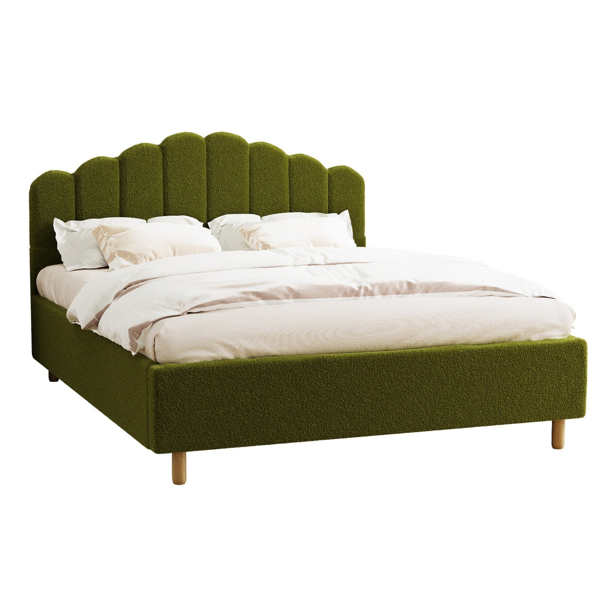 Oikiture Bed Frame Queen Size Stripe Headboard Wooden Slats Base Boucle Green