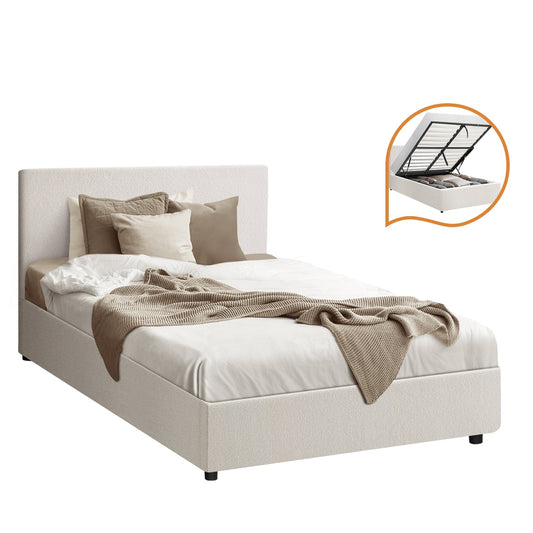 Oikiture Bed Frame Single Size Gas Lift Base With Storage White Boucle
