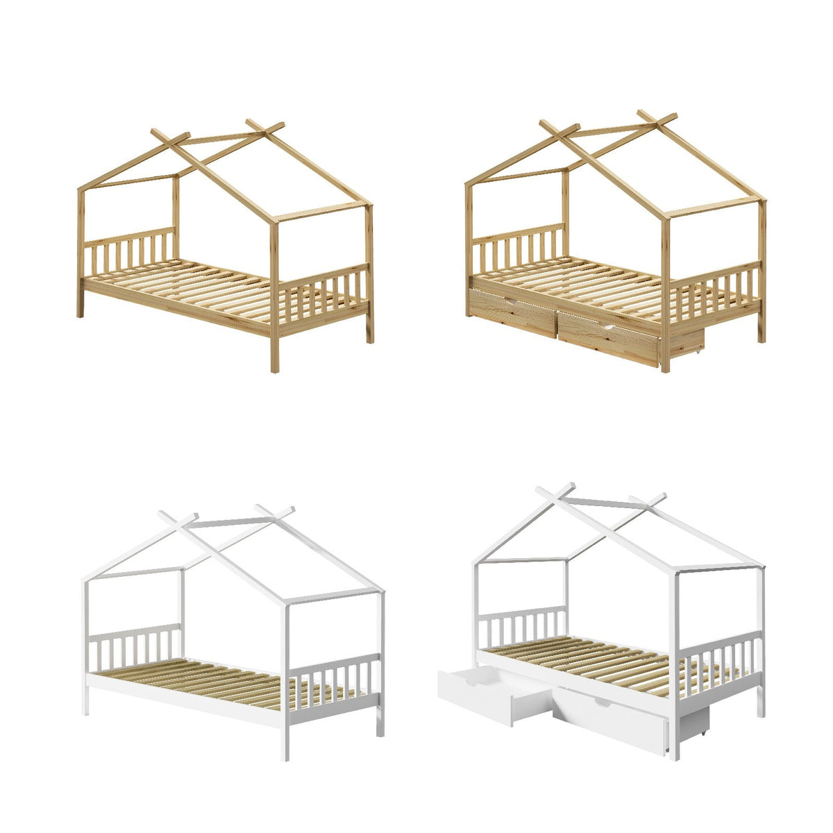 Oikiture Bed Frame Wooden Single Timber House Base Beds Pine Storage Drawers