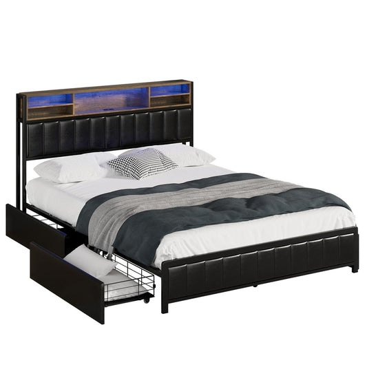 Oikiture Queen Double King Single Bed Frame with LED Headboard 2 Drawers USB