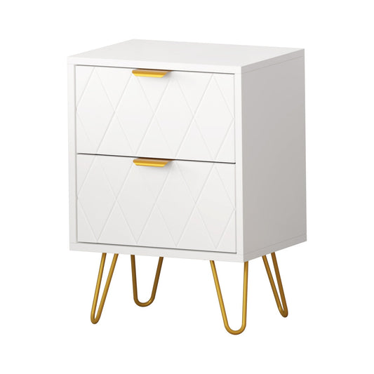 Oikiture Bedside Table 2 Drawers Gold Metal Nightstand Storage Cabinet White