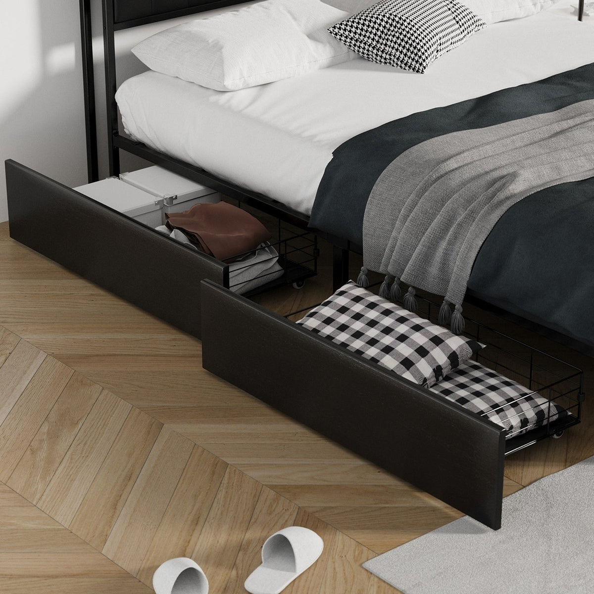 Oikiture Queen Double King Single Bed Frame with LED Headboard 2 Drawers USB