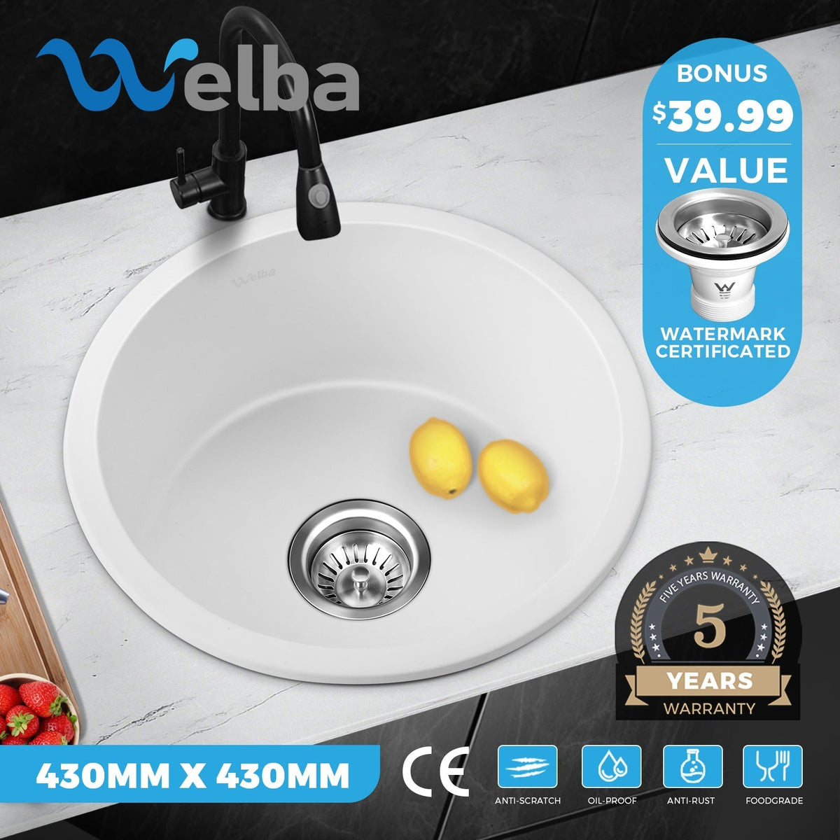 Welba Kitchen Sink Basin Stone Sink Bathroom Laundry Single Double Bowl