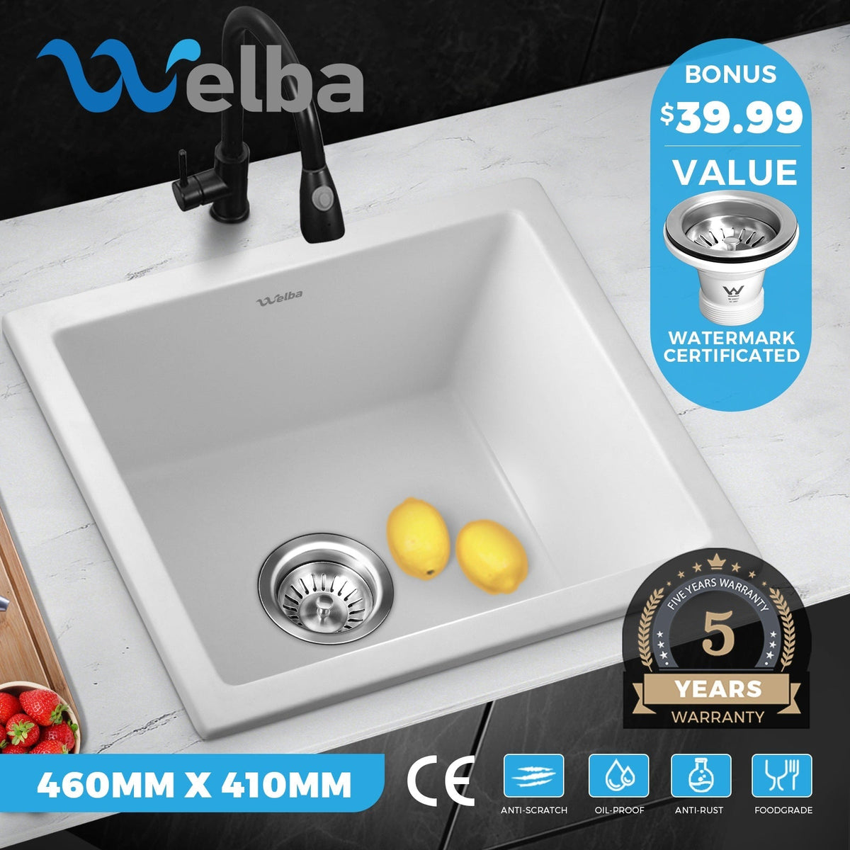 Welba Kitchen Sink Basin Stone Sink Bathroom Laundry Single Double Bowl
