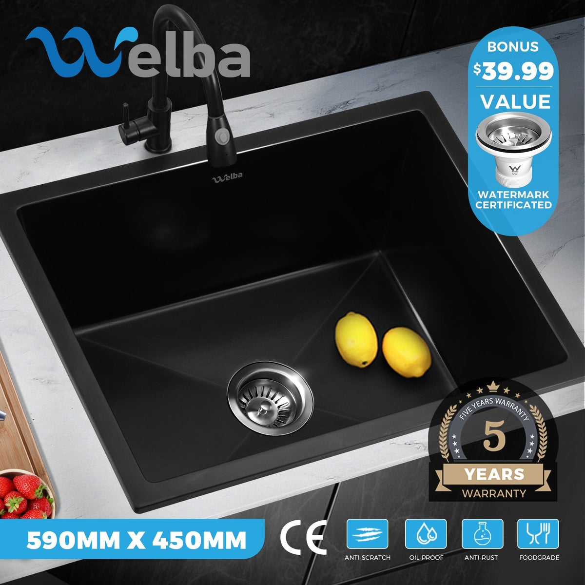 Welba Kitchen Sink Basin Stone Sink Bathroom Laundry Single Double Bowl