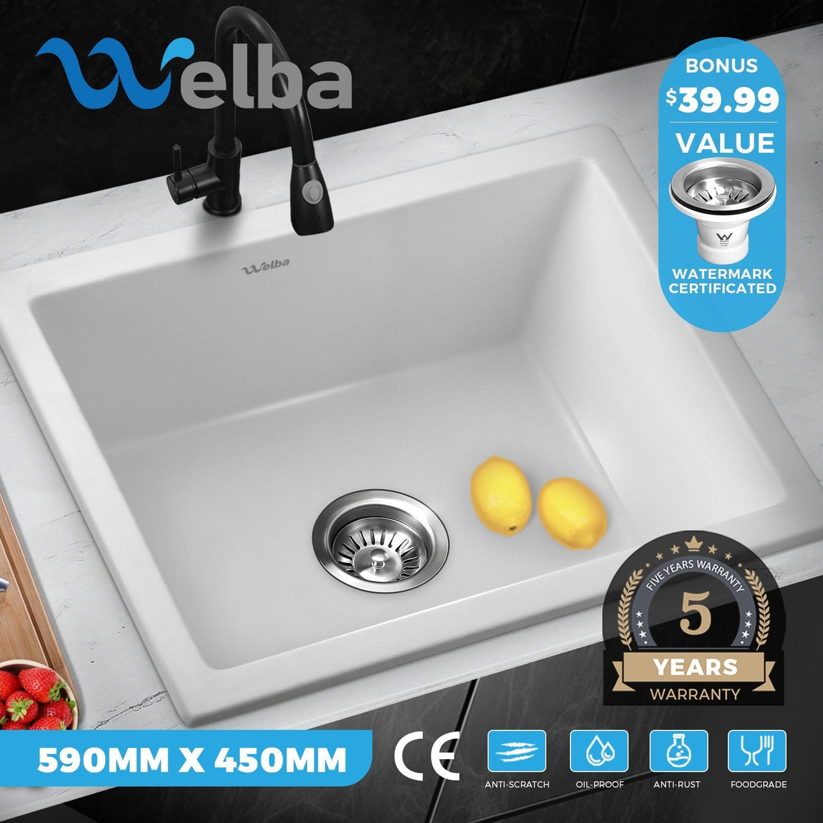 Welba Kitchen Sink Basin Stone Sink Bathroom Laundry Single Double Bowl