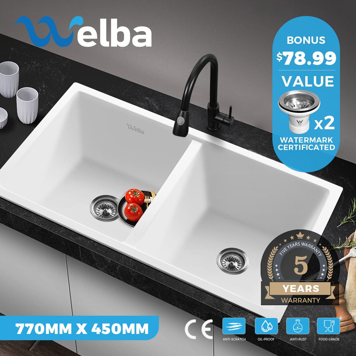 Welba Kitchen Sink Basin Stone Sink Bathroom Laundry Single Double Bowl