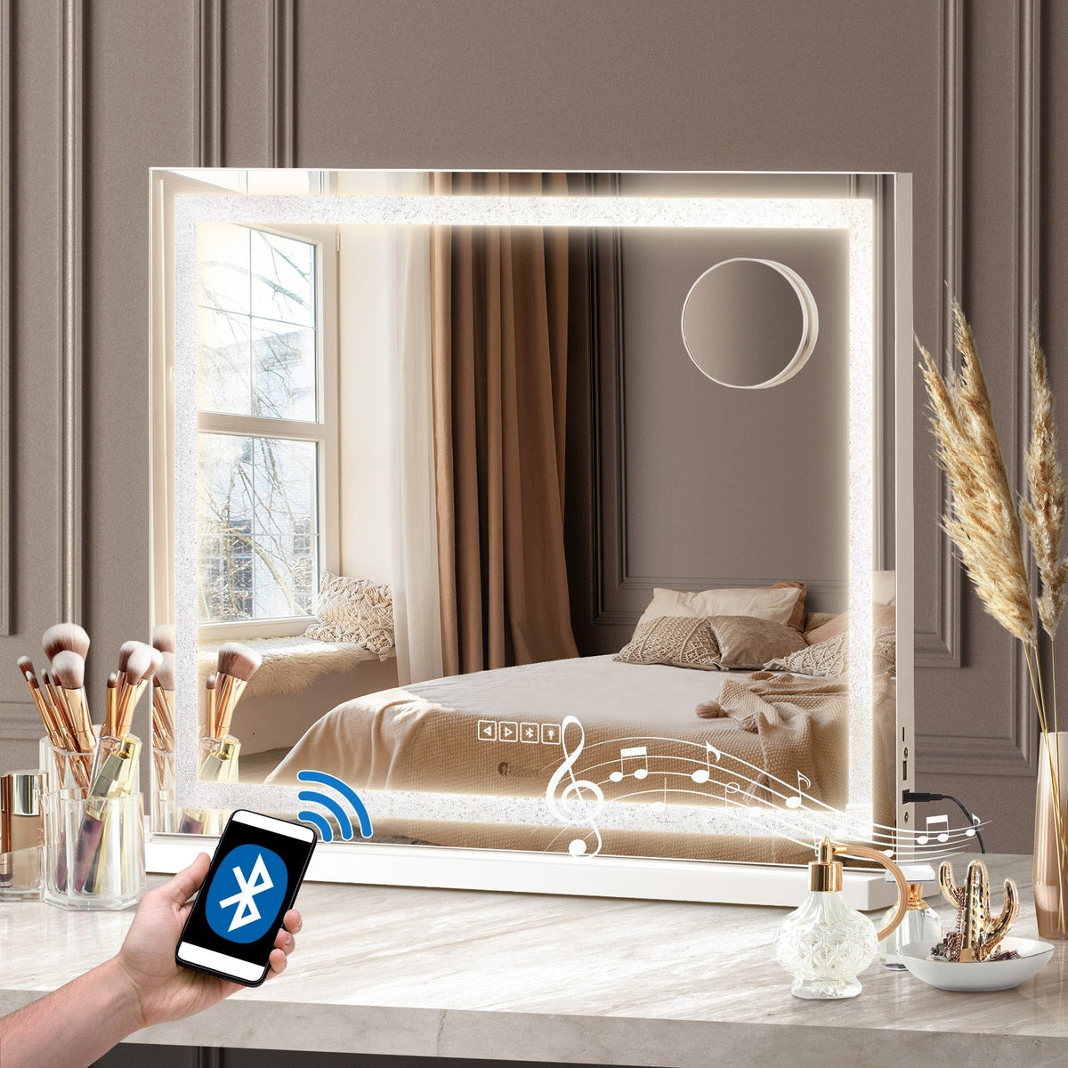 Oikiture Hollywood Mirrors Makeup Magnifying Mirror Bluetooth with LED Lights