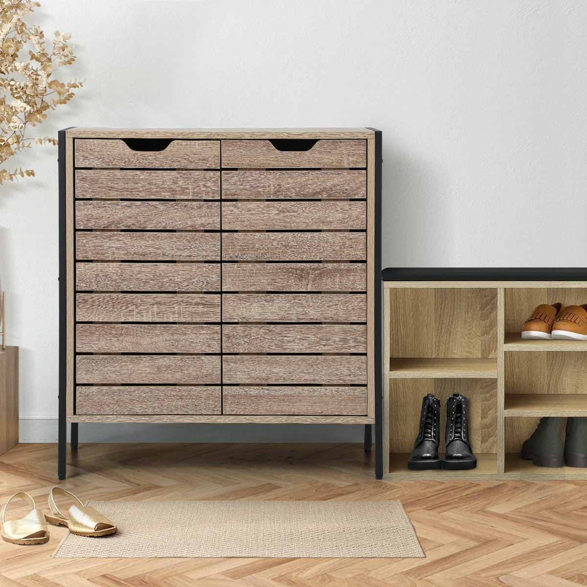 Oikiture Shoe Rack Shoes Storage Cabinet Organiser Shelf 2 Doors Brown