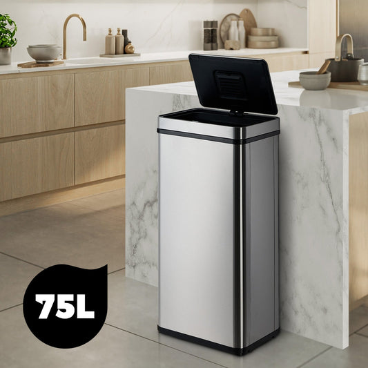 Oikiture 75L Motion Sensor Bin Automatic Rubbish Trash Can Kitchen Silver