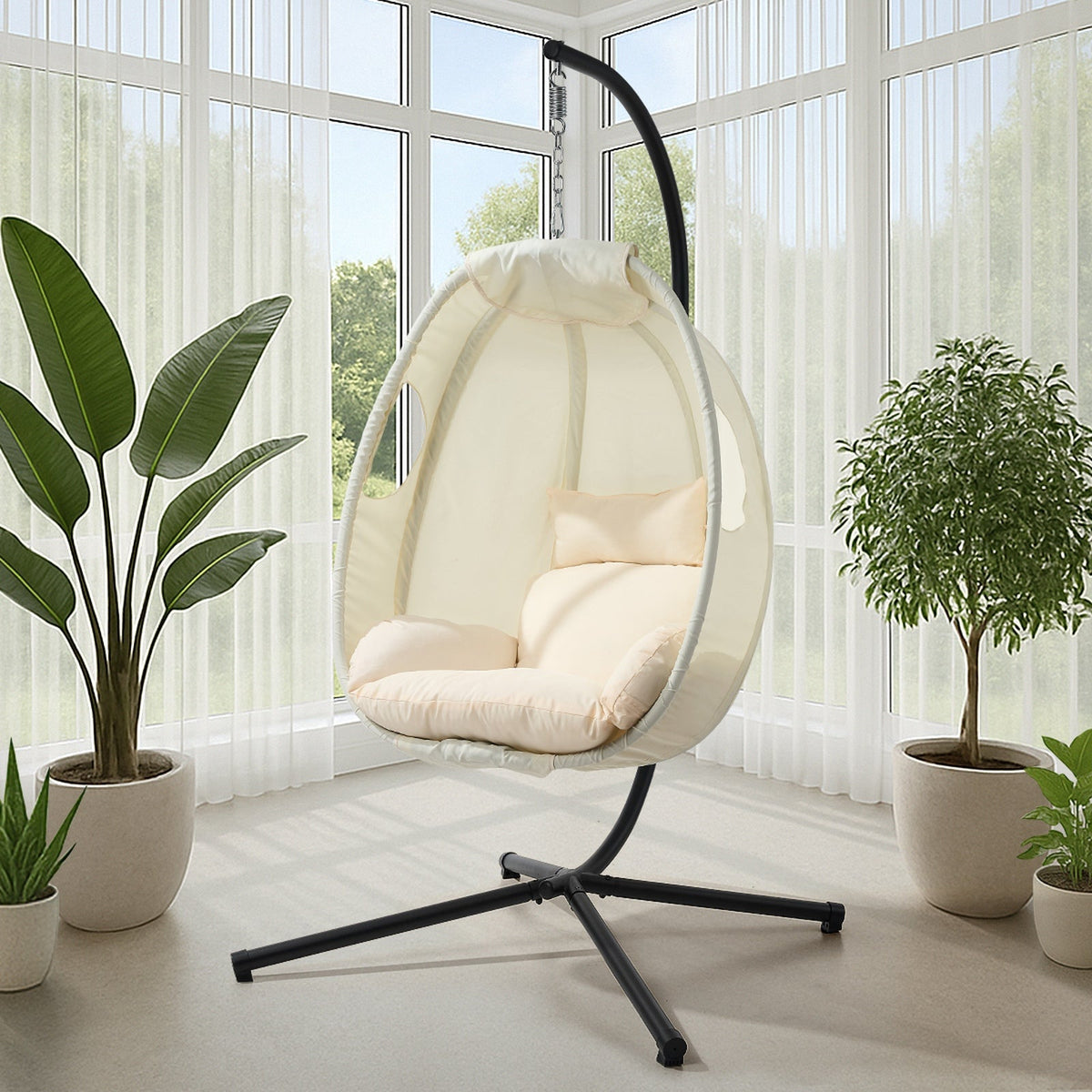 Livsip Outdoor Egg Hanging Chair Swing Seat Furniture with Stand Cushions Beige