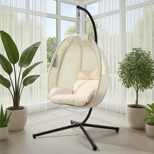Livsip Outdoor Egg Hanging Chair Swing Seat Furniture with Stand Cushions Beige