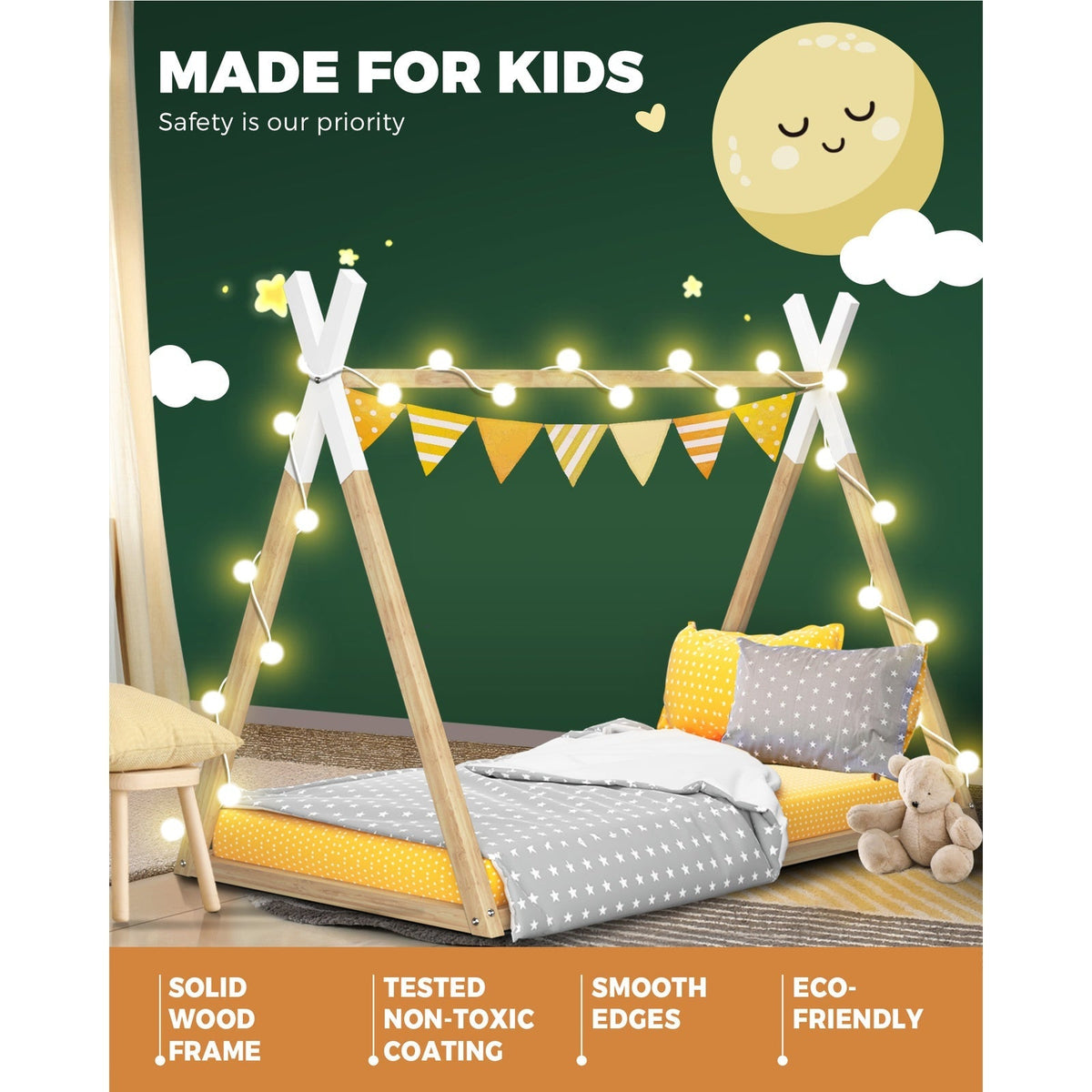 Oikiture Wooden Bed Frame Single Timber Teepee Bedframe Mattress Base Platform