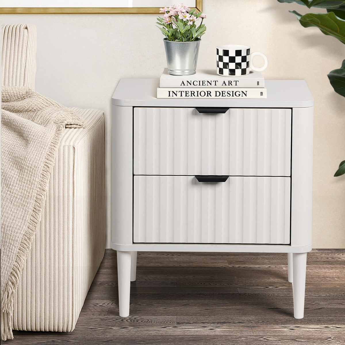Oikiture Bedside Table Nightstand Side Storage 2 Drawers Cabinet White