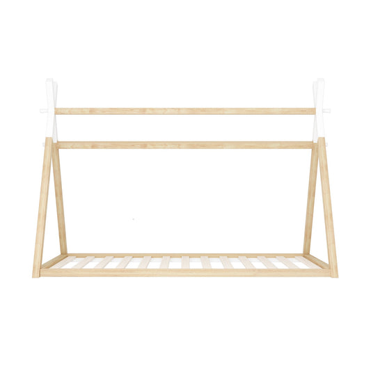 Oikiture Kids Bed Frame Wooden Timber King Single Teepee House Frame Beds