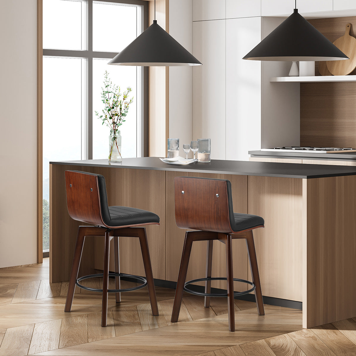 Oikiture 2x Wooden Bar Stools Kitchen Counter Swivel Dining Chair PU Leather