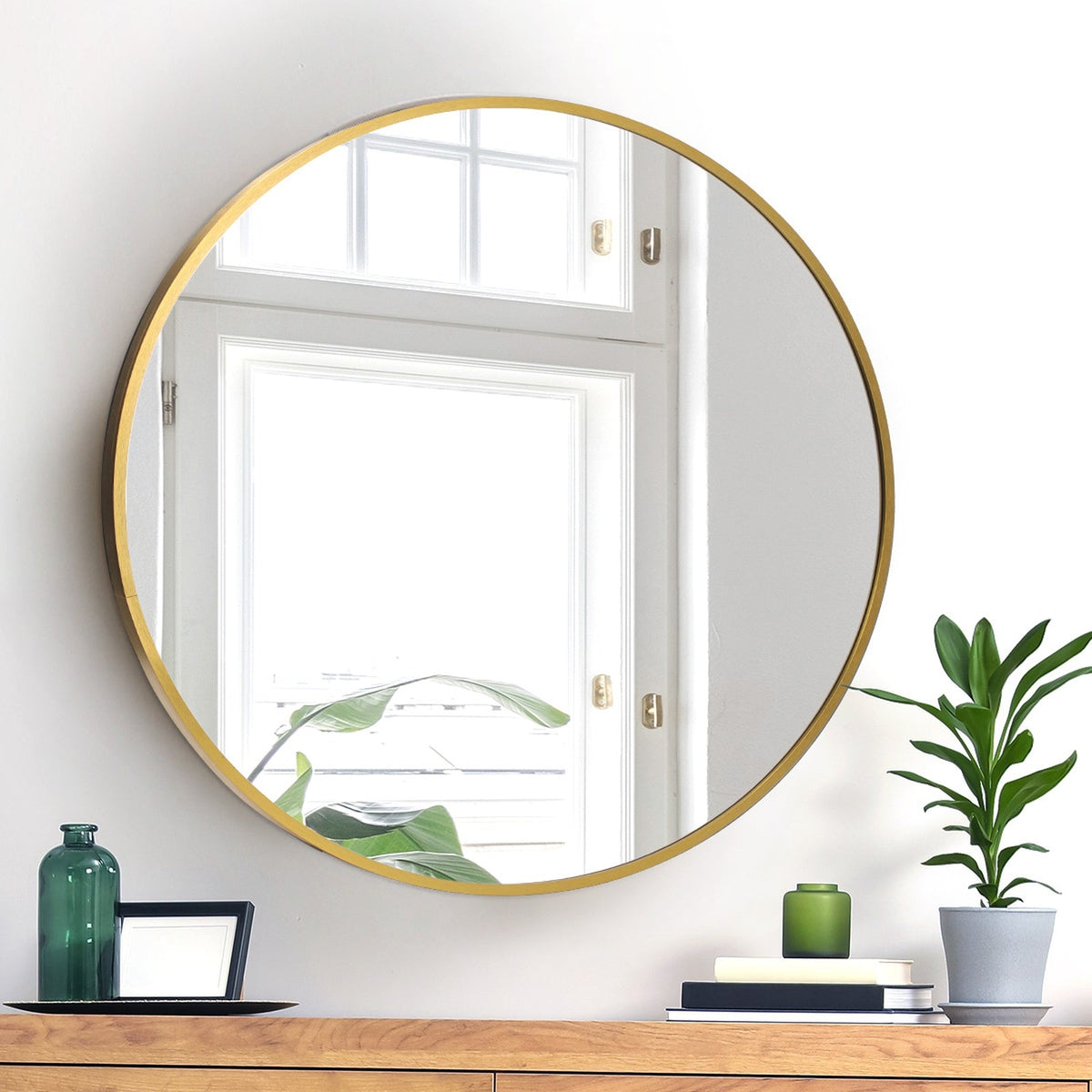 Oikiture Wall Mirrors Round Makeup Mirror Vanity Home Decor 50cm Wooden