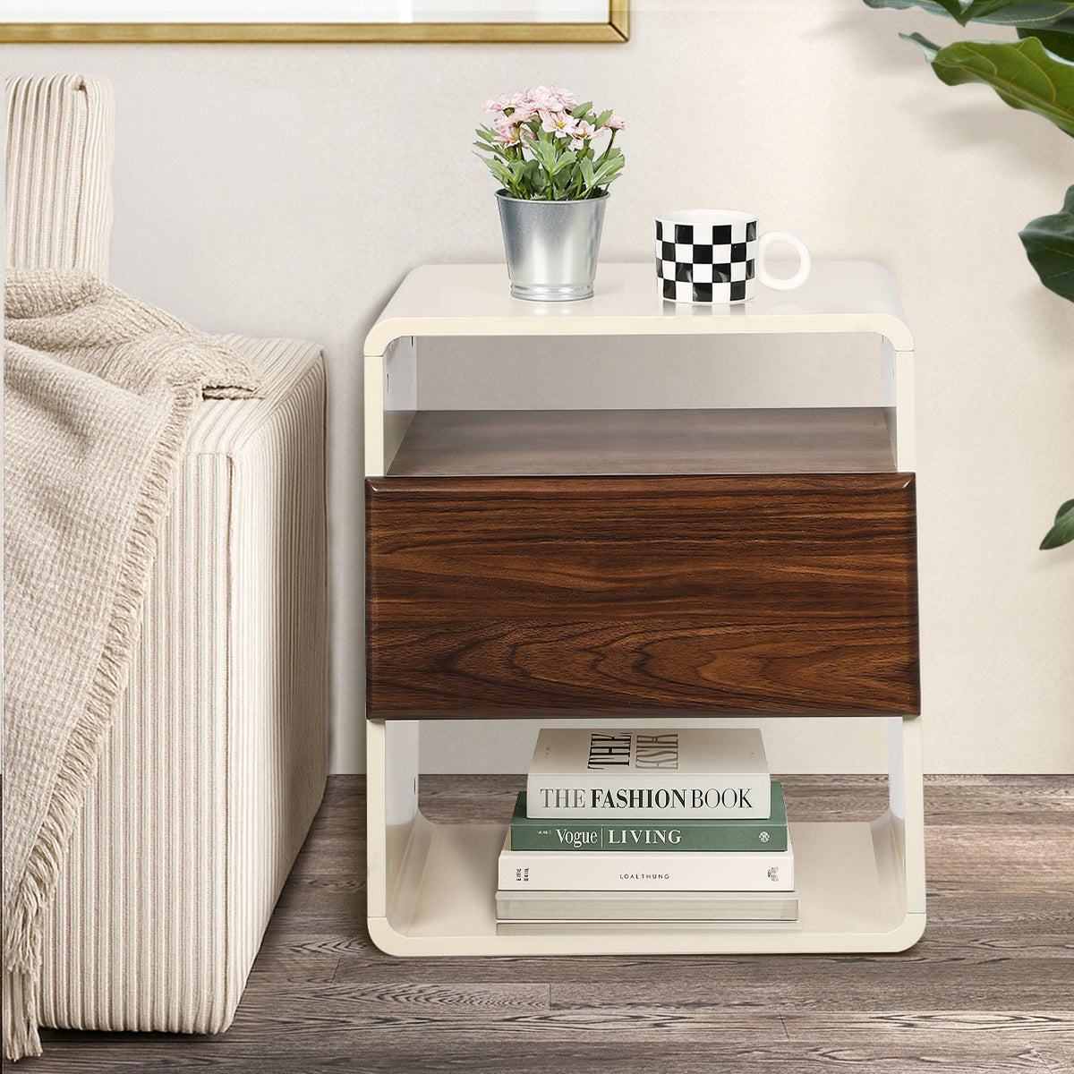Oikiture Bedside Table Side Nightstand With Drawer Storage Shelf Retro-Modern
