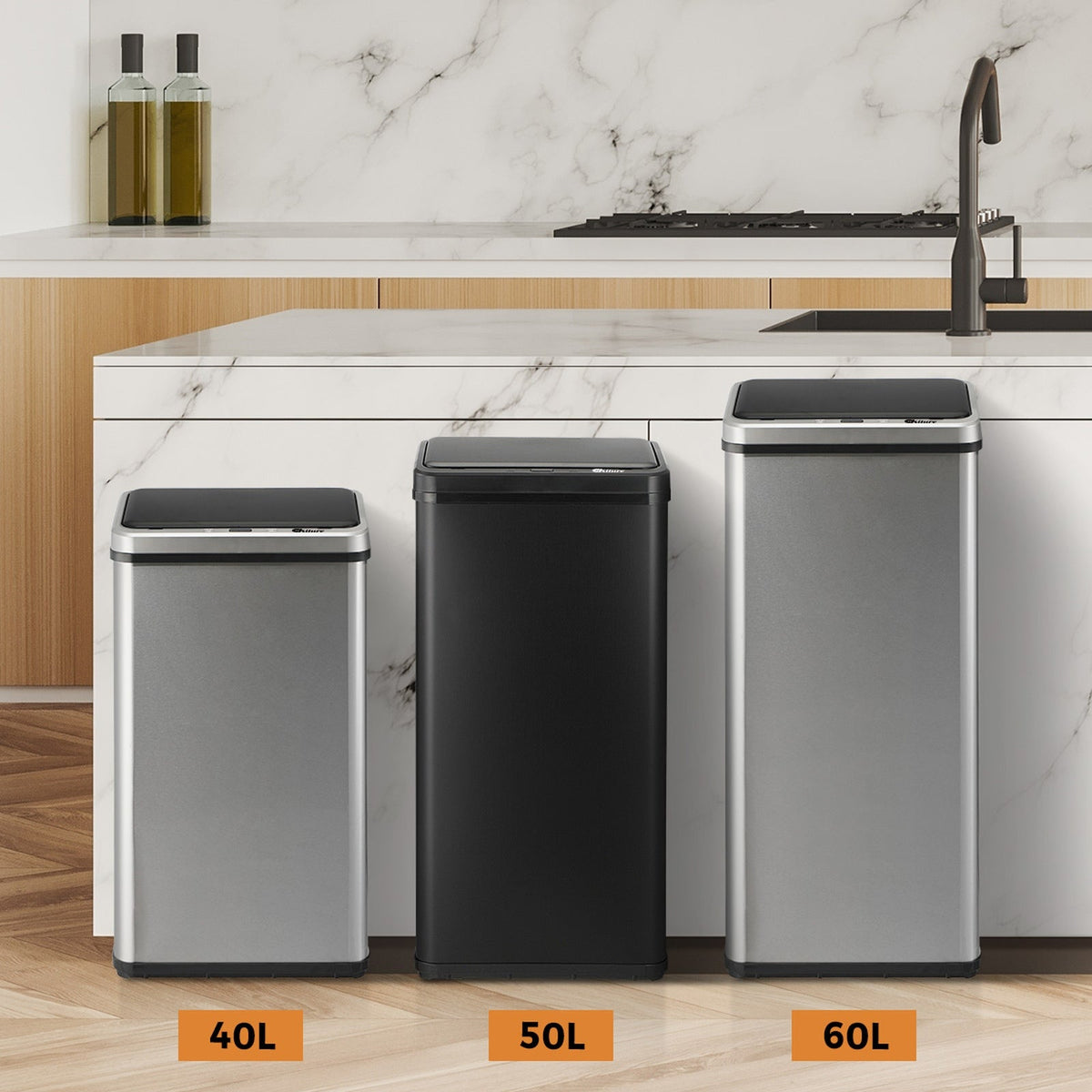 Oikiture Motion Sensor Bin Stainless Steel Automatic Kitchen Trash Can 40/50/60L