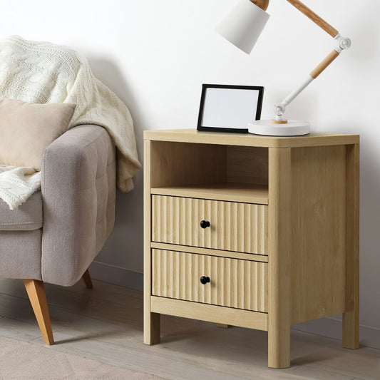 Oikiture Bedside Table 2 Drawers Side End Tables Nightstand Open Shelf Natural