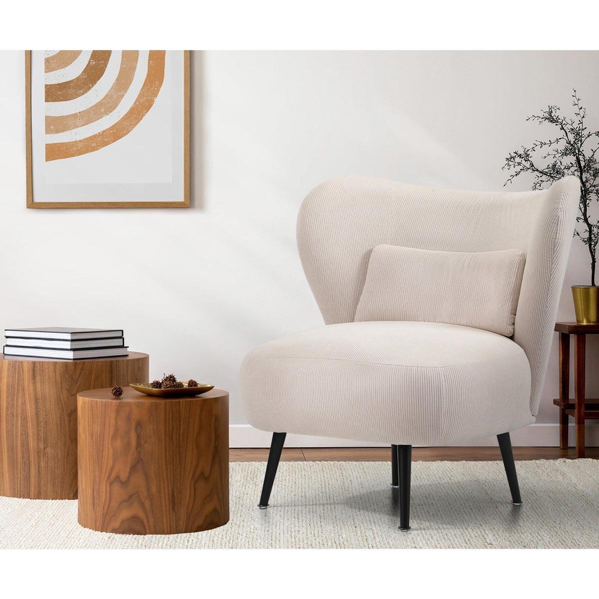 Oikiture Armchair Lounge Chair with Lumbar Pillow Wingback Velvet Beige