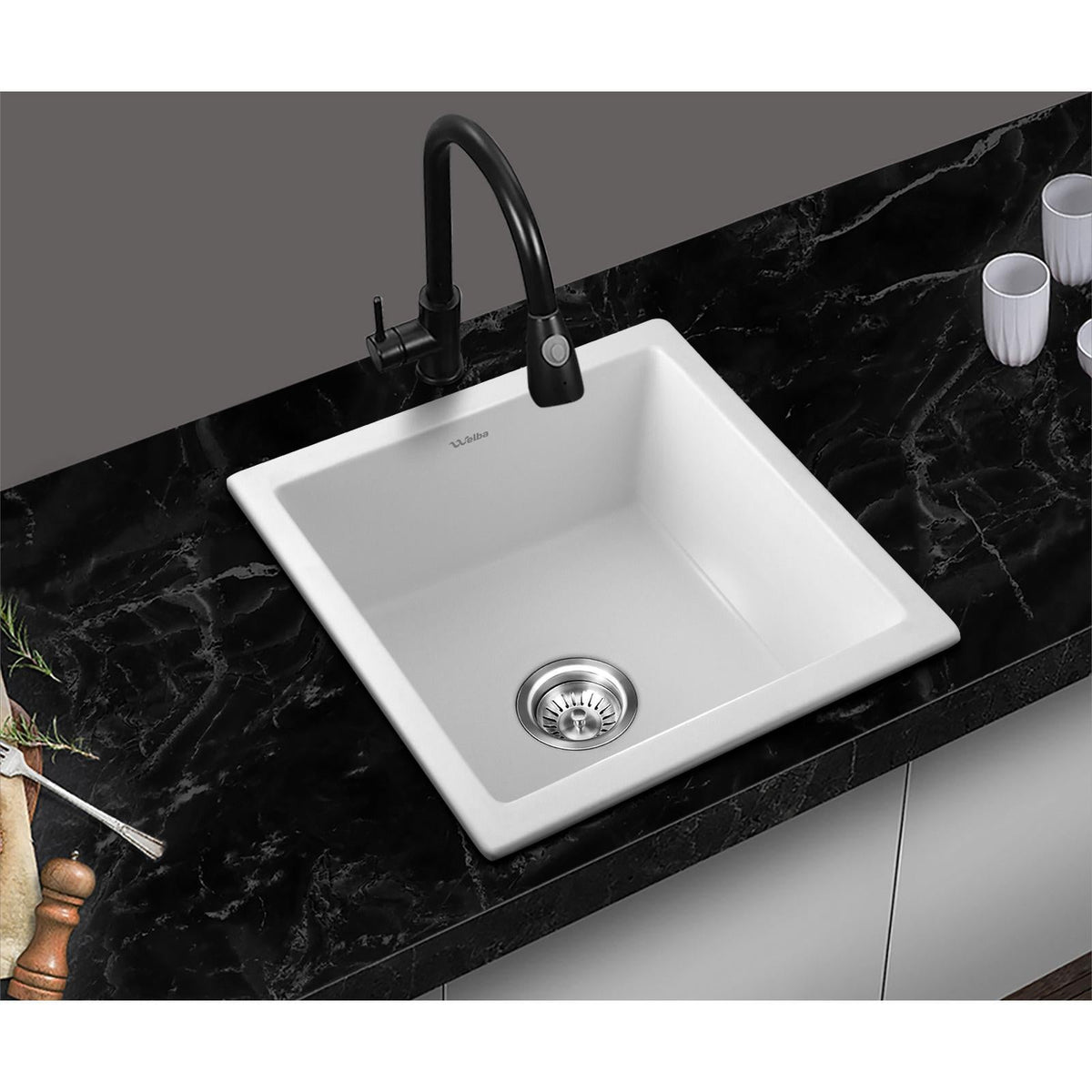 Welba Kitchen Sink 38x38cm Granite Stone Sink Basin Single Bowl White
