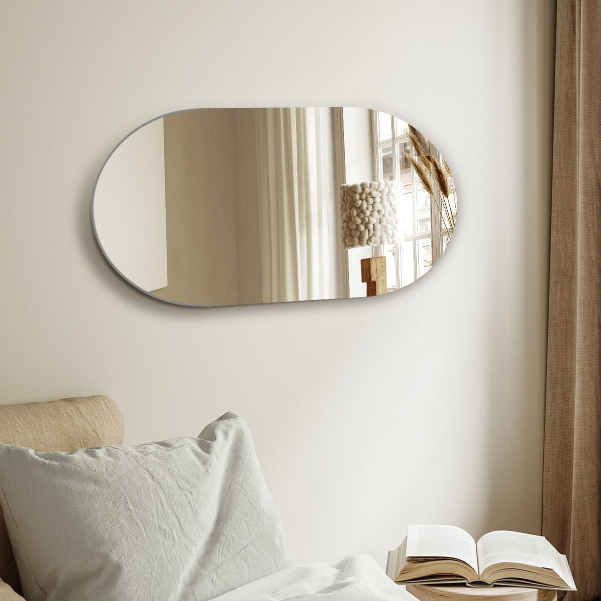 Oikiture Wall Mirrors Oval Makeup Mirror Bathroom Frameless 84x50cm