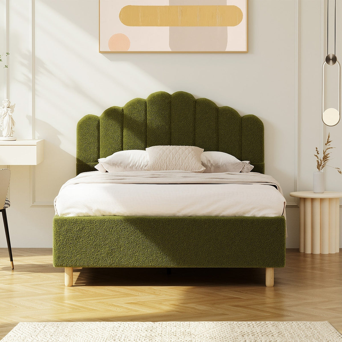 Oikiture Bed Frame Queen Size Stripe Headboard Wooden Slats Base Boucle Green