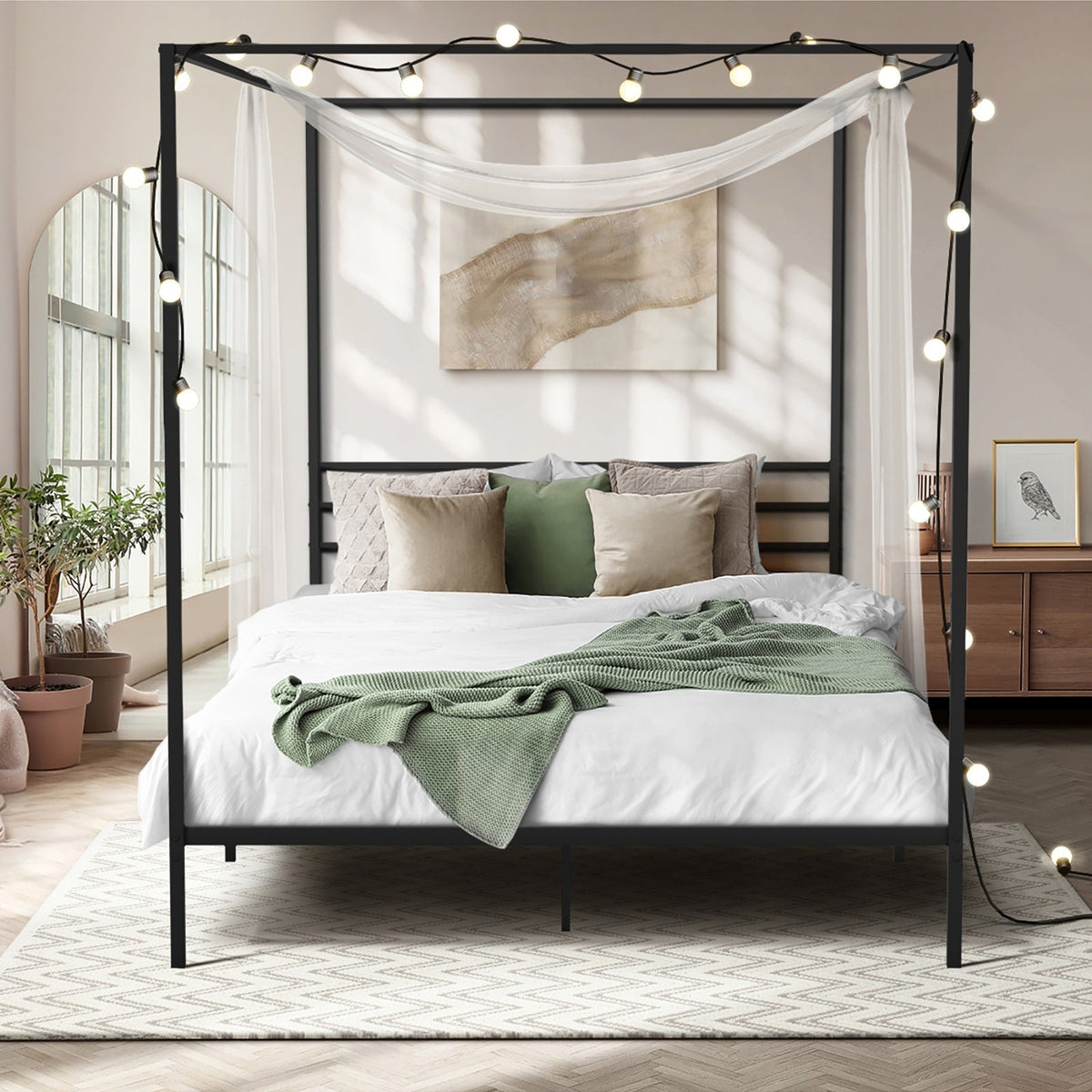Oikiture Metal Bed Frame Queen Double Single Size Canopy Beds Platform
