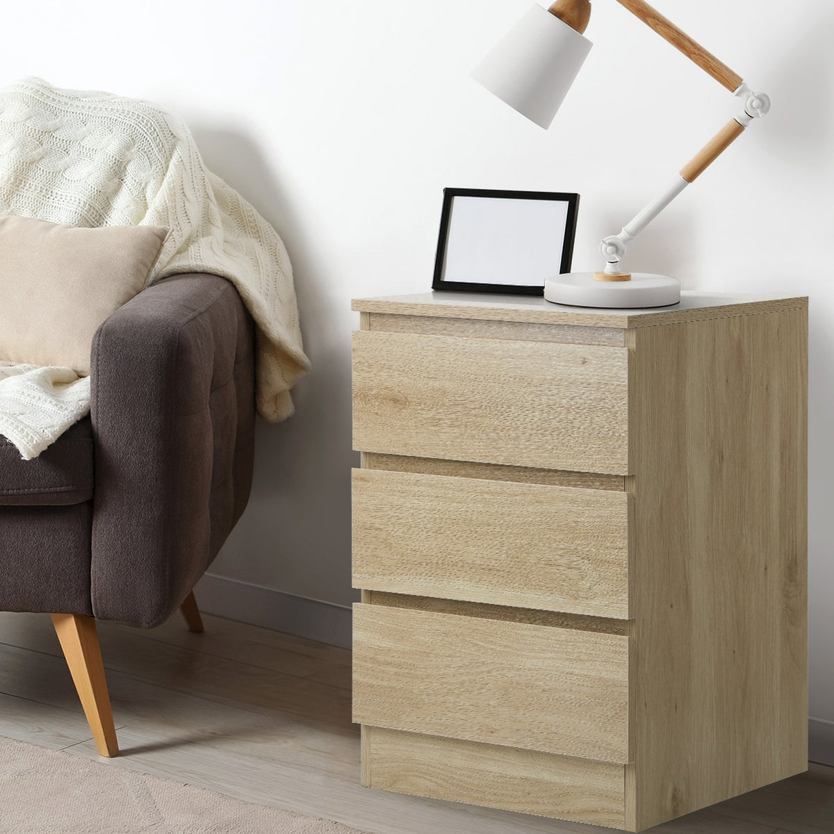 Oikiture Bedside Table 3 Drawers Side Tables Storage Cabinet Nightstand