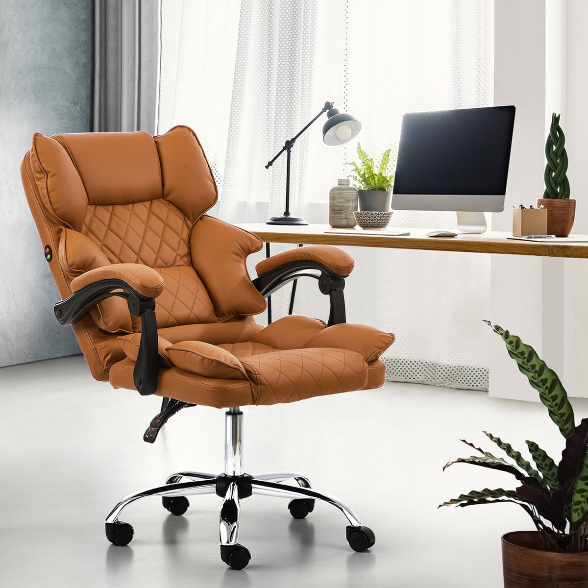 Oikiture Massage Office Chair Premium PU Leather Computer Gaming Seat Brown