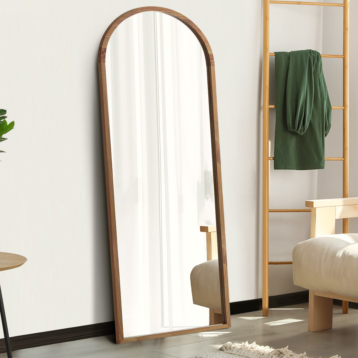 Oikiture Wooden Full Length Mirror 180x70cm Arched Dressing Floor Mirrors Brown