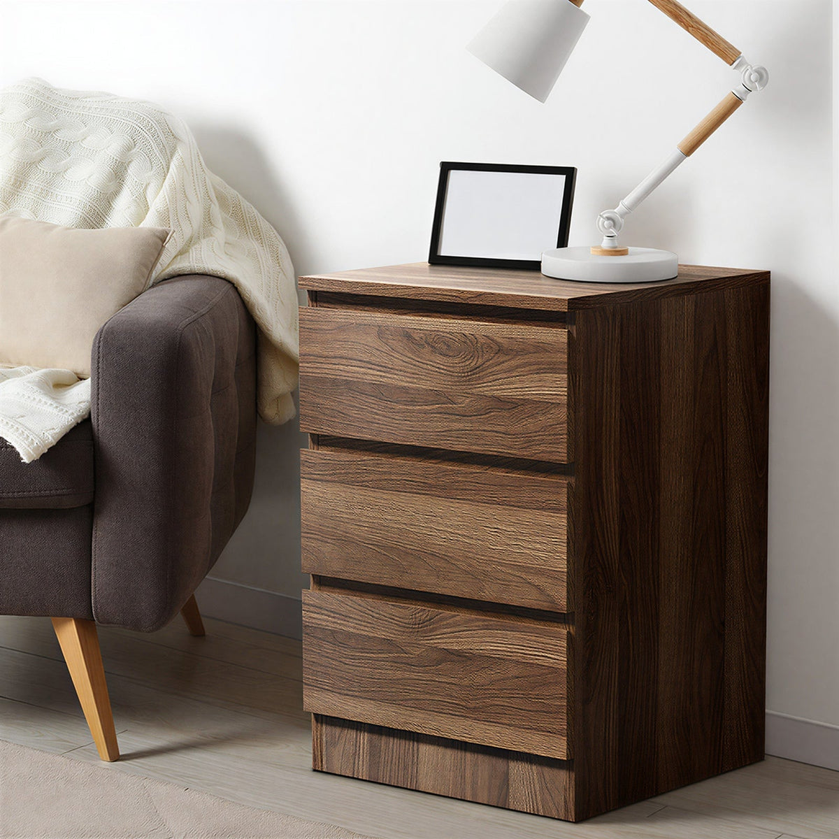 Oikiture Bedside Table 3 Drawers Side Tables Storage Cabinet Nightstand Walnut