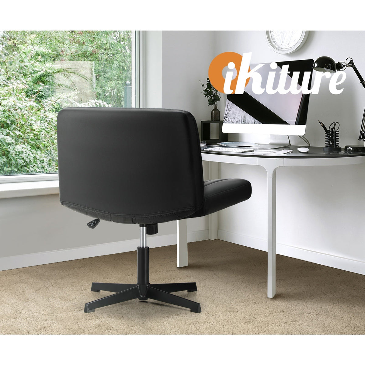 Oikiture Mid Back Armless Office Desk Chair Wide Seat PU Leather Black