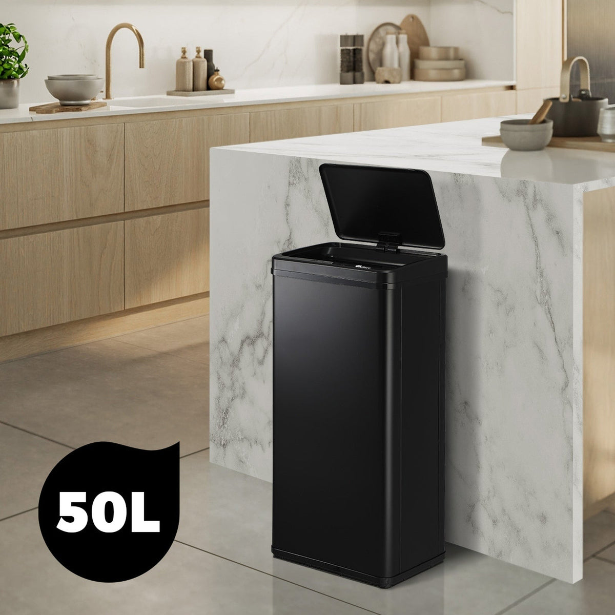 Oikiture 50L Motion Sensor Bin Automatic Rubbish Trash Can Kitchen Black