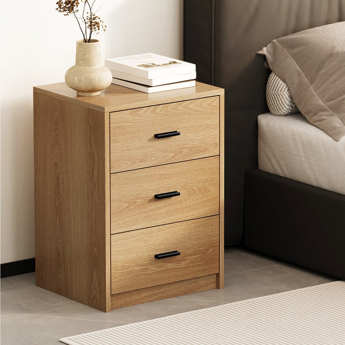 Oikiture Bedside Table 3 Drawers Nightstand Bedroom Storage Side End