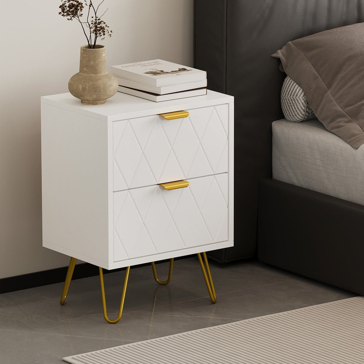 Oikiture Bedside Table 2 Drawers Gold Metal Nightstand Storage Cabinet White