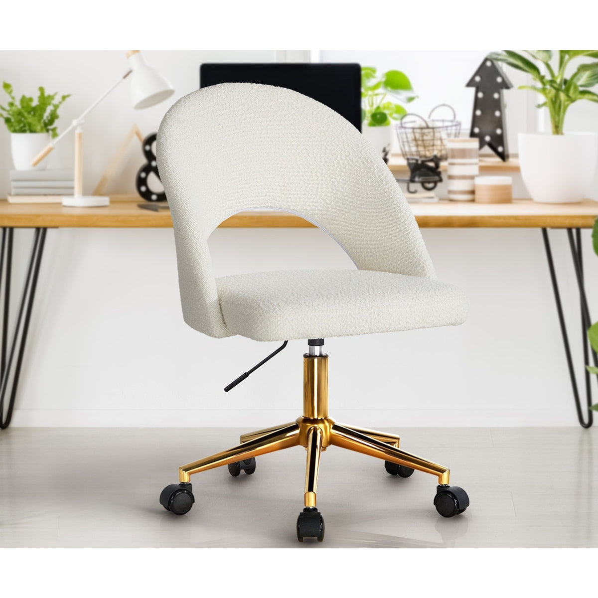 Oikiture High Back Hollow Armless Home Office Chair Boucle White and Gold