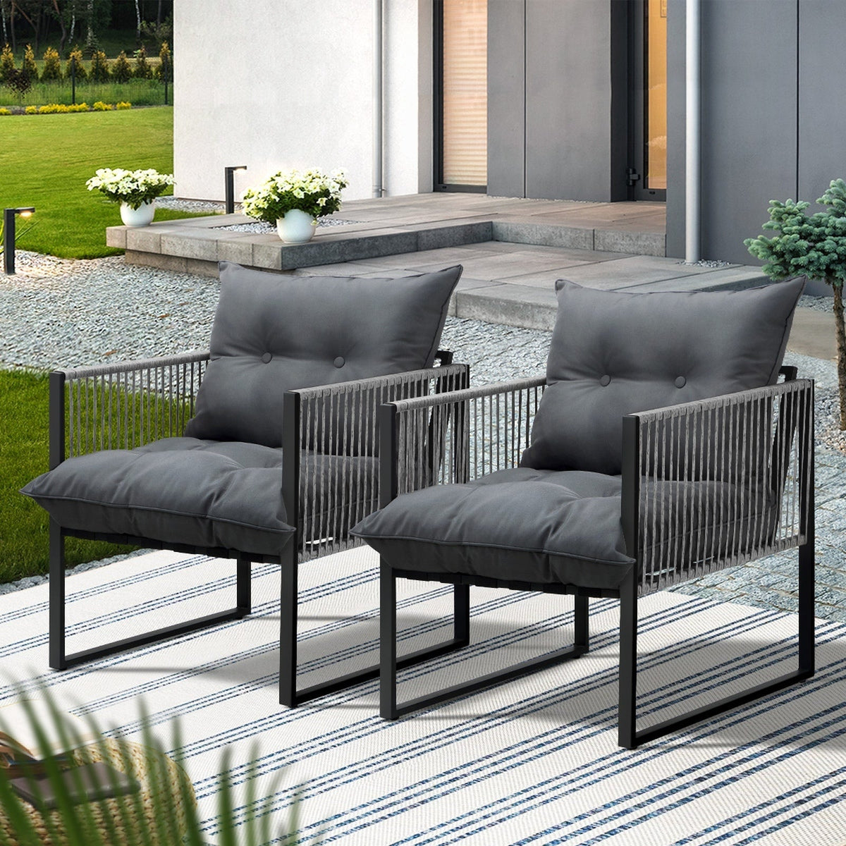 Livsip 2PCS Outdoor Furniture Patio Chairs Garden Lounge Sofa Set PE Wicker Grey