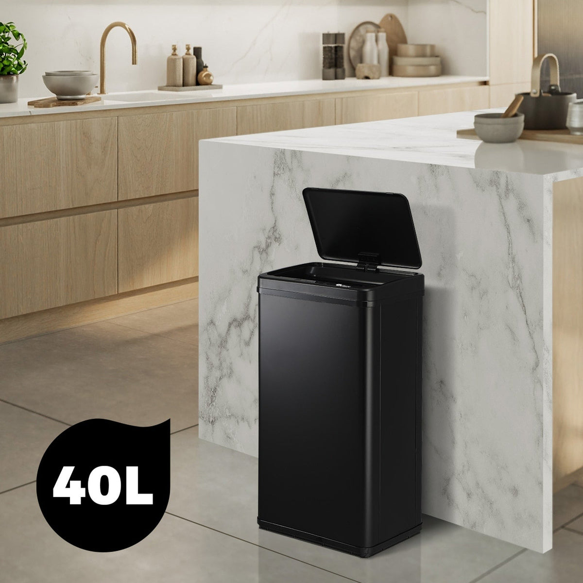 Oikiture 40L Motion Sensor Rubbish Bin Kitchen Waste Can Stainless Steel Black