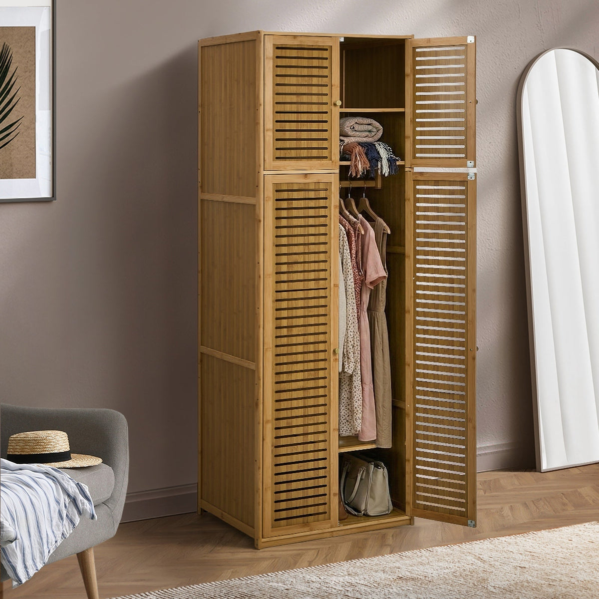 Oikiture Bamboo Wardrobe 4 Doors Clothes Storage Cabinet Hanging Rod Natural