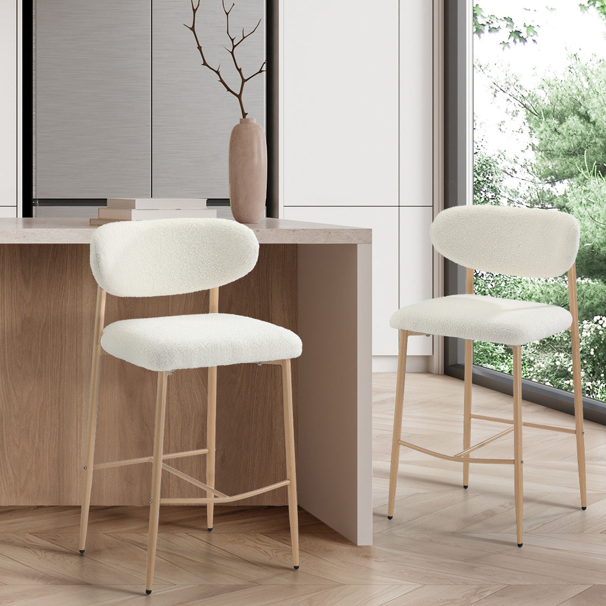 Oikiture 2x Bar Stools Kitchen Stool Counter Chair Boucle Fabric Natural
