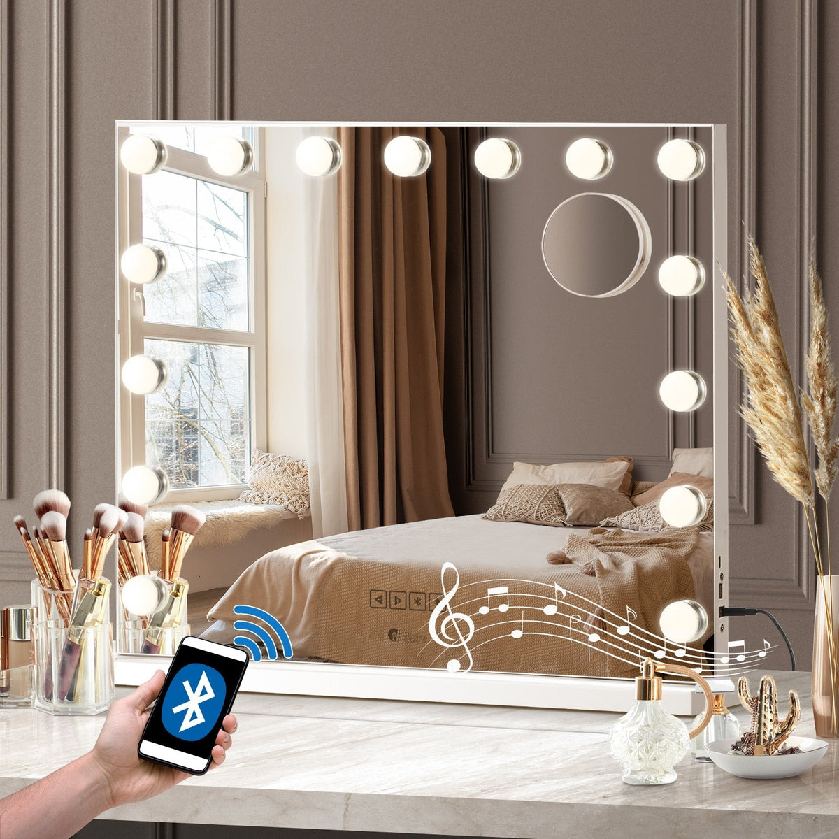 Oikiture Hollywood Mirrors Makeup Magnifying Mirror Bluetooth with LED Lights