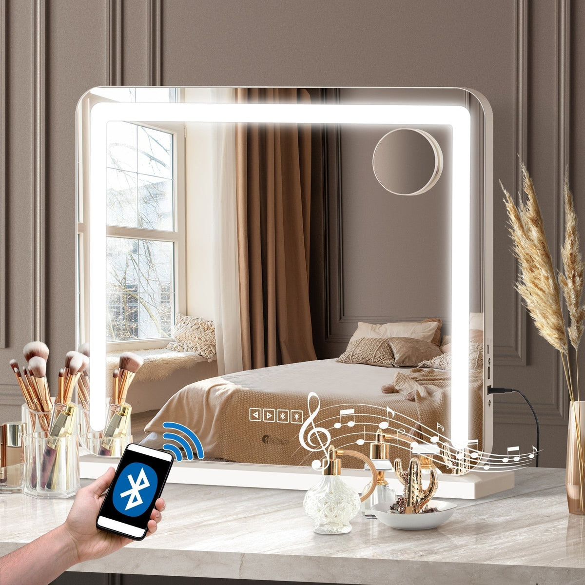 Oikiture Hollywood Mirrors Makeup Magnifying Mirror Bluetooth with LED Lights