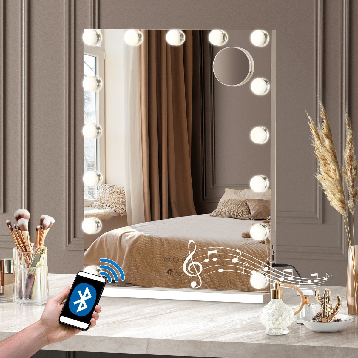 Oikiture Hollywood Mirrors Makeup Magnifying Mirror Bluetooth with LED Lights