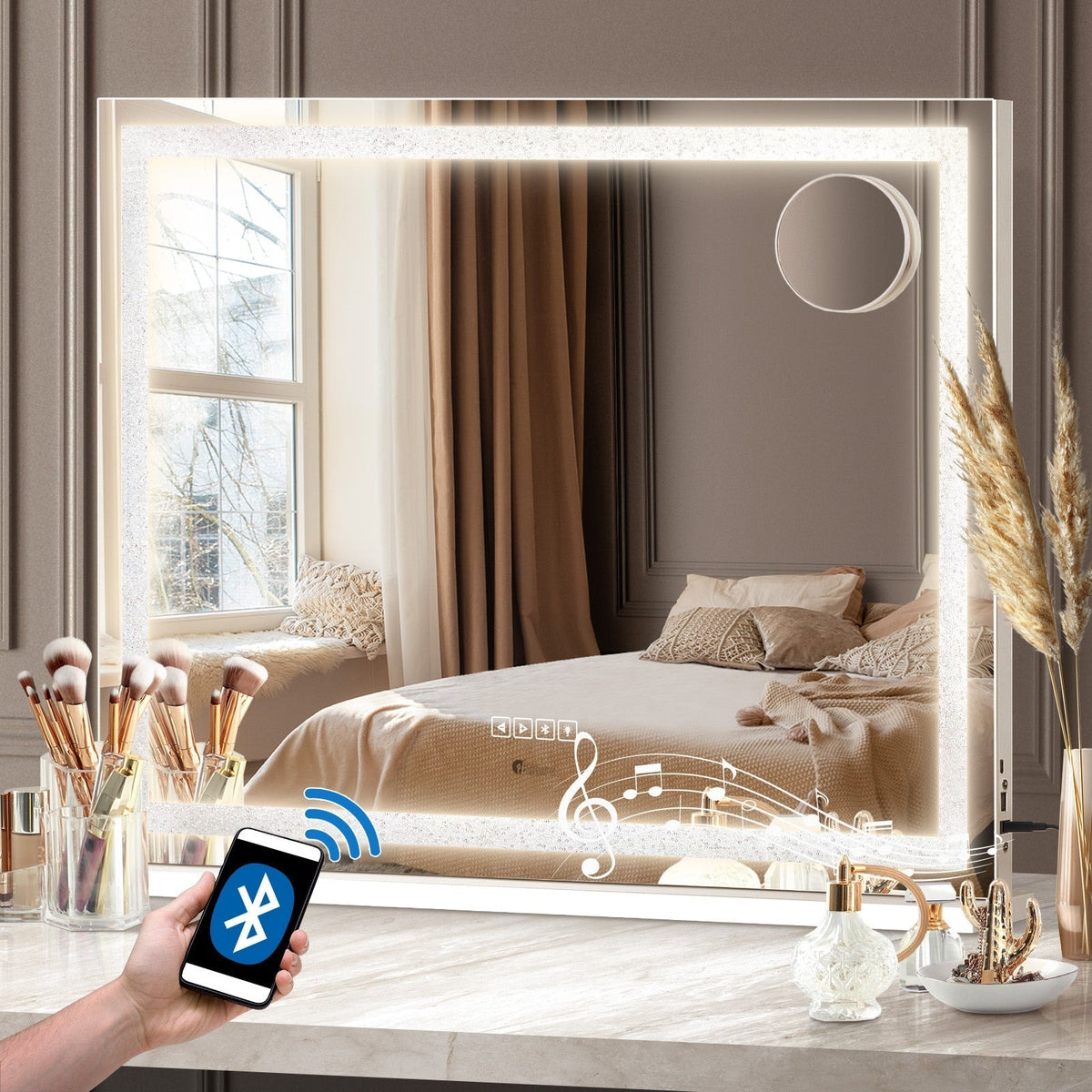 Oikiture Hollywood Mirrors Makeup Magnifying Mirror Bluetooth with LED Lights