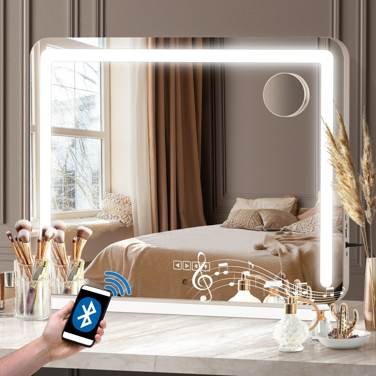 Oikiture Hollywood Mirrors Makeup Magnifying Mirror Bluetooth with LED Lights