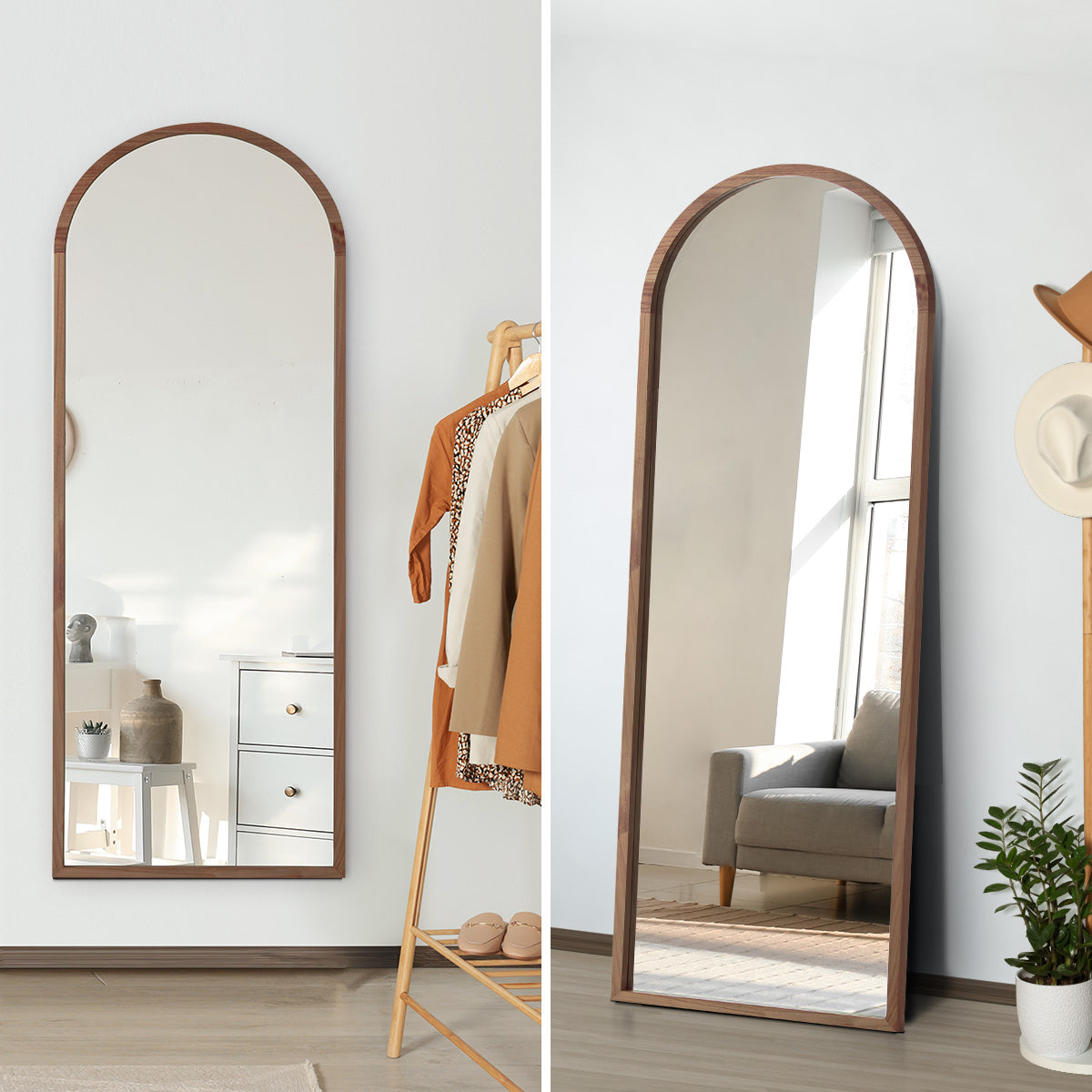 Oikiture Wooden Full Length Mirror 180x70cm Arched Dressing Floor Mirrors Brown