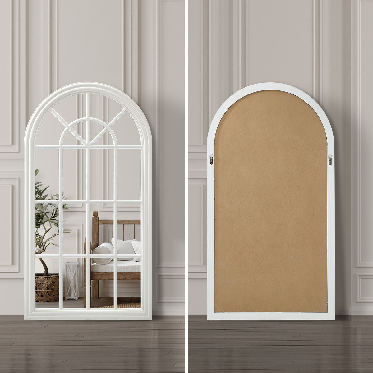 Oikiture Window Mirror Arched Wall Mirrors Decor 76x51cm Wooden White