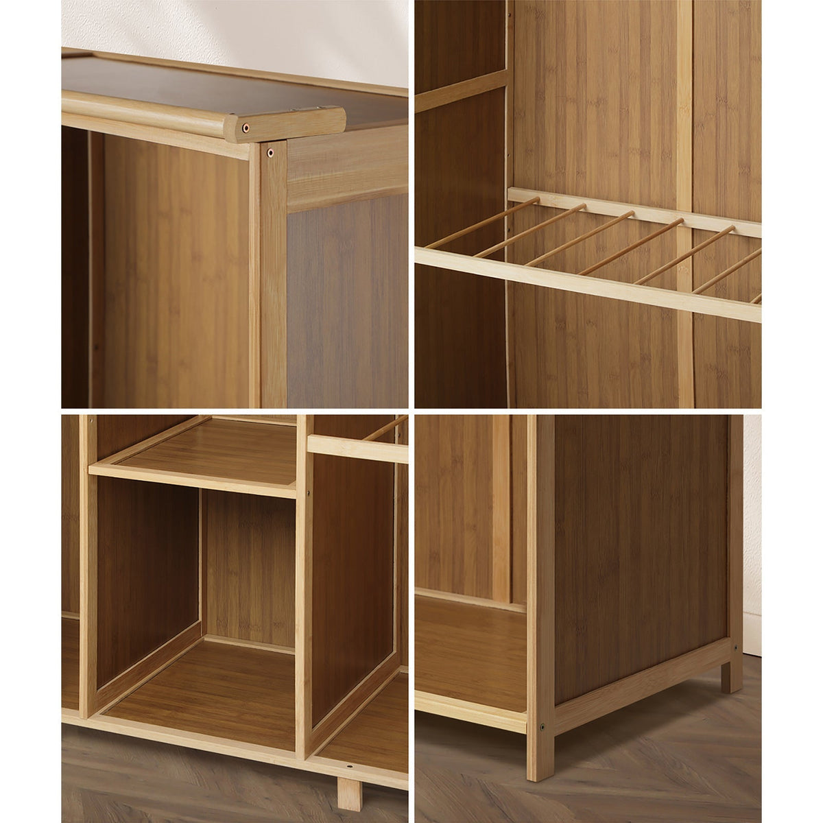 Oikiture Open Wardrobe Clothes Storage Stand Hanging Rail Bamboo Cupboard